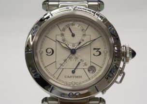カルティエ　 パシャ38GMTパワーリザーブ 修理後・正面から